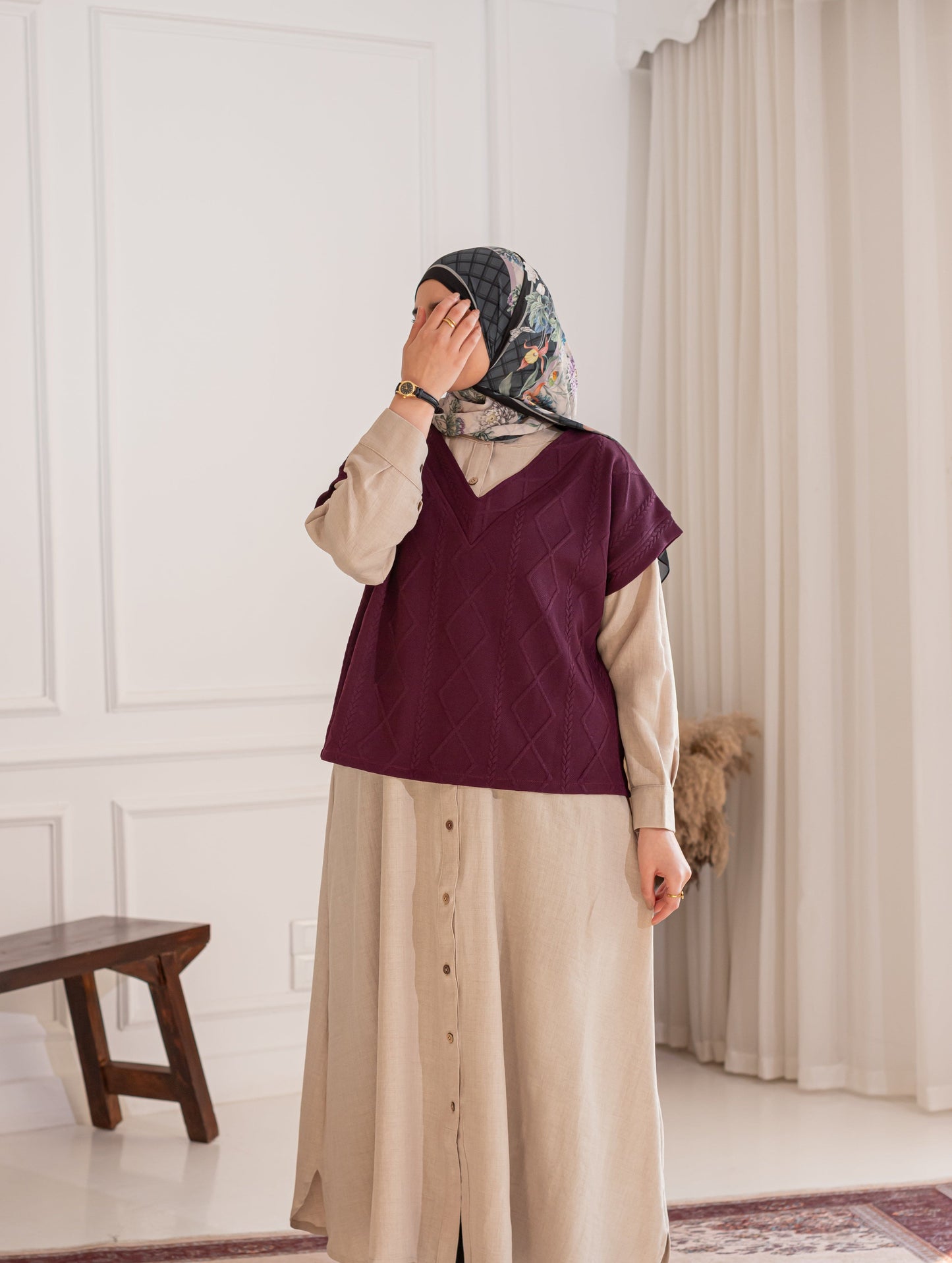 All-Season Linen Shirt Dress with Knit Vest