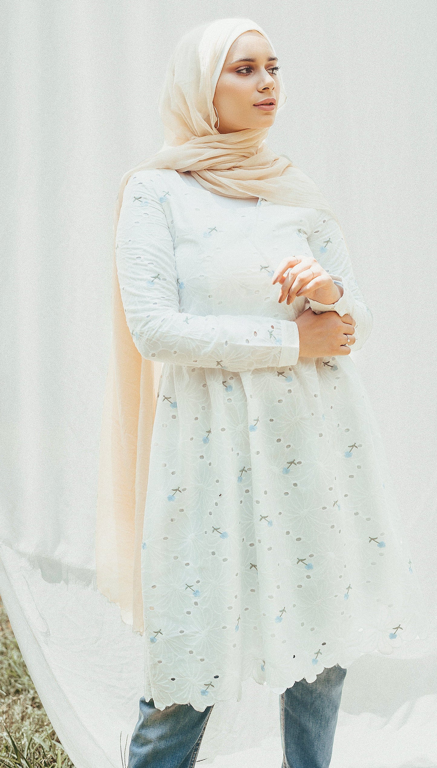 White dress with blue flowers