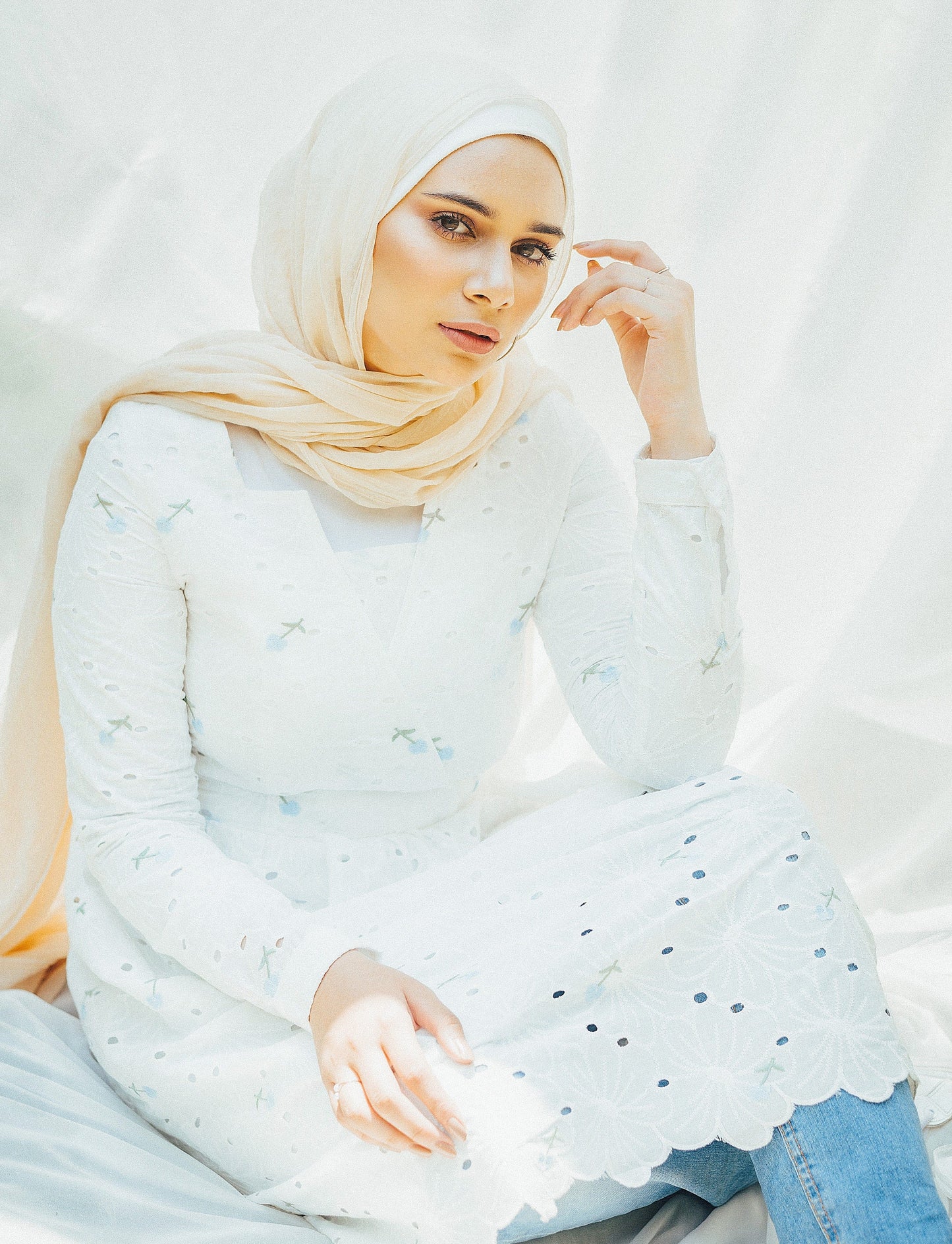 White dress with blue flowers