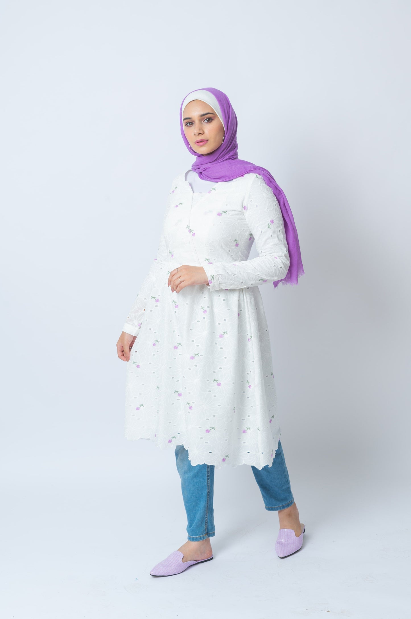White dress with Mauve flowers