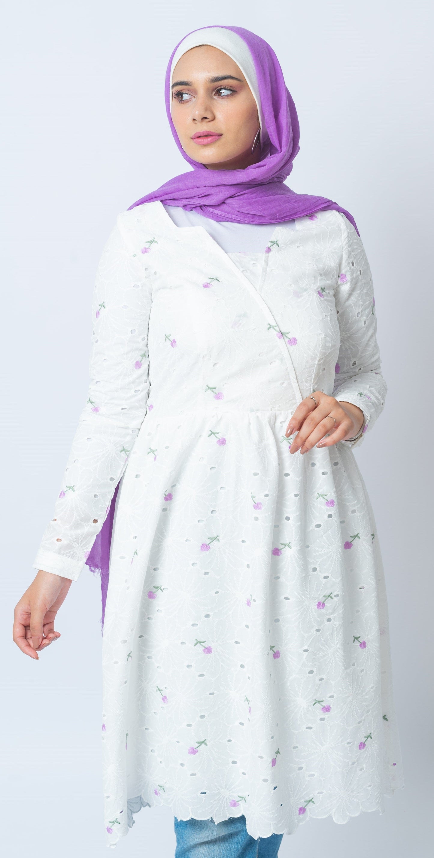 White dress with Mauve flowers